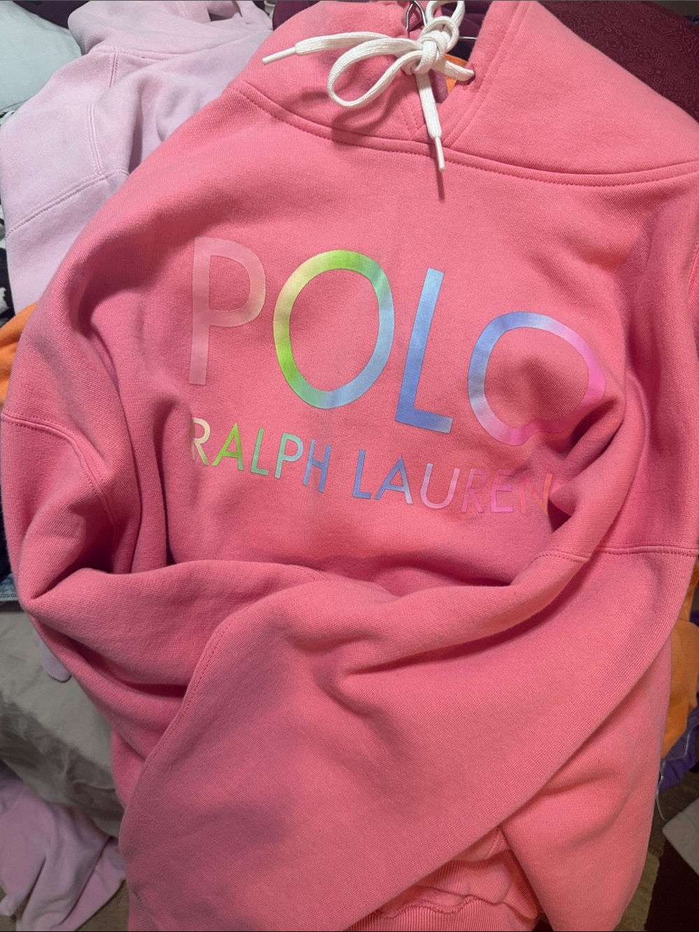 Polo by Ralph Lauren Coral Pink Hooded Sweatshirt Iridescent Logo women’s XL